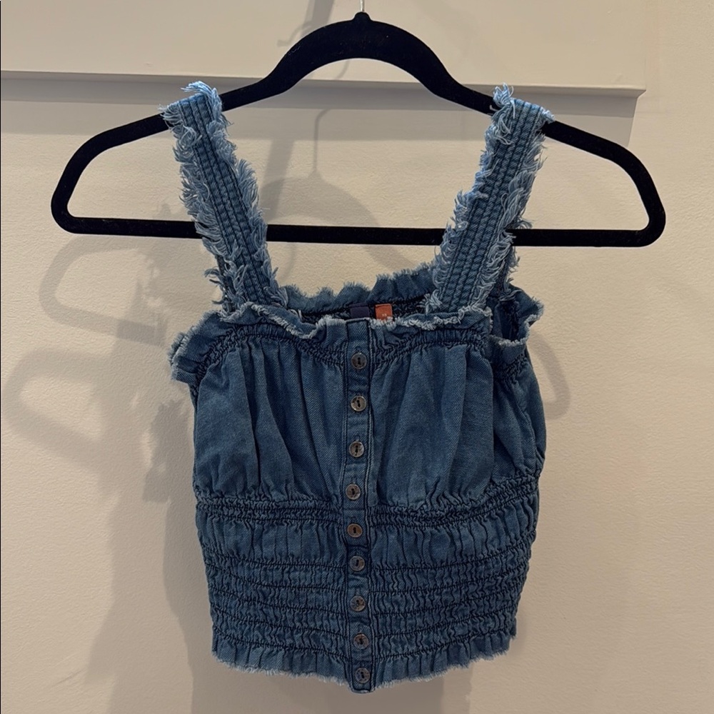 Blue Denim Smocked Crop Top